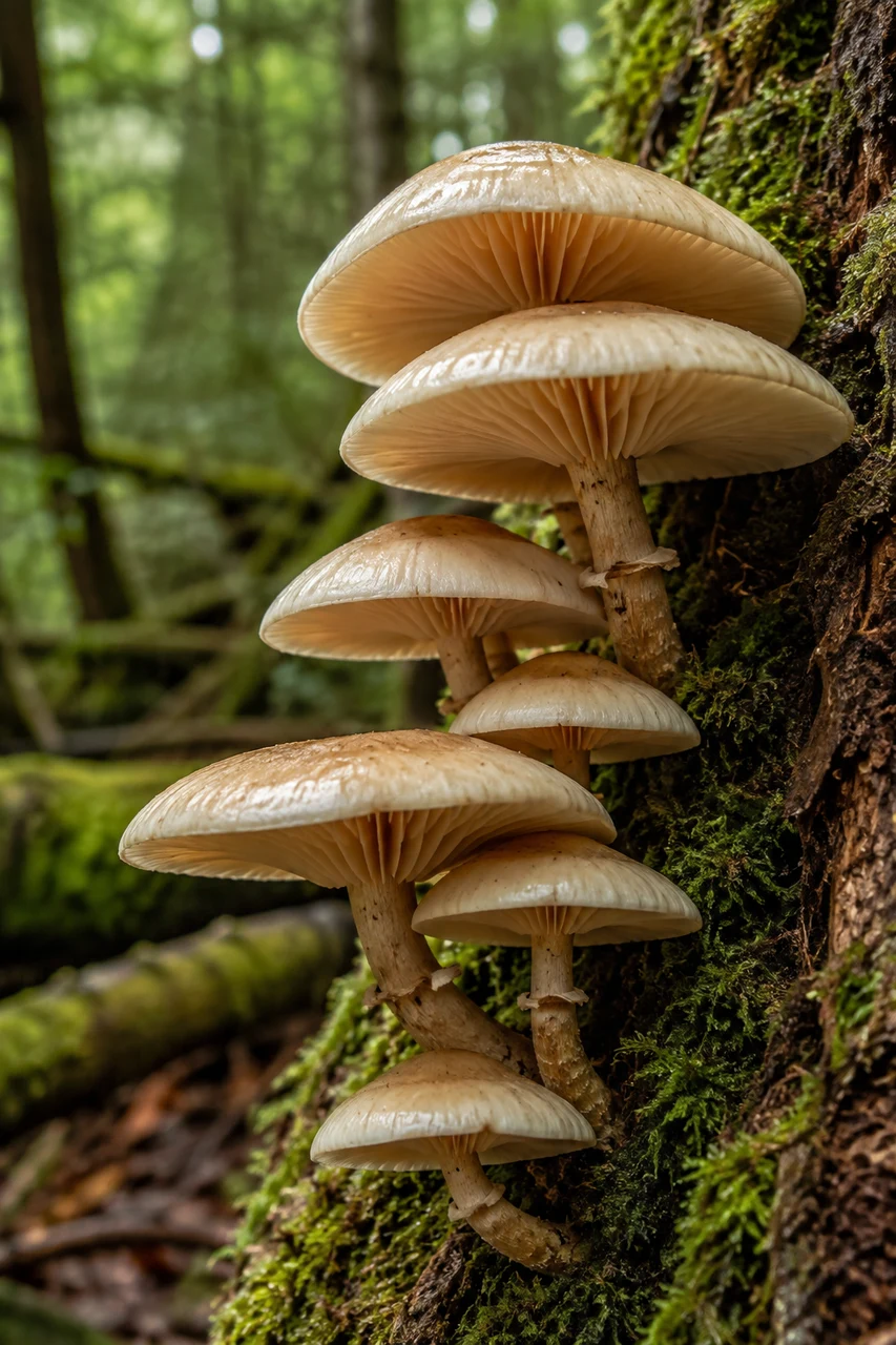 Hongos silvestres creciendo de forma natural en un tronco musgoso — línea enteógenos Casa del Hongo